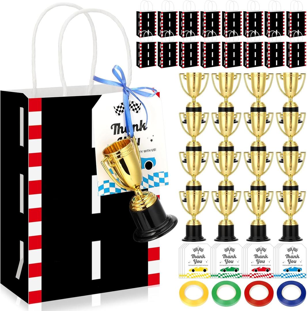 Gueevin 52 Pcs Race Car Party Favors Race Car Birthday Party Supplies Include 12 Racetrack Goodie Bags Mini Trophies Thank You Cards 4 Ribbons for Racing Goodie Bags Stuffers Birthday Decorations