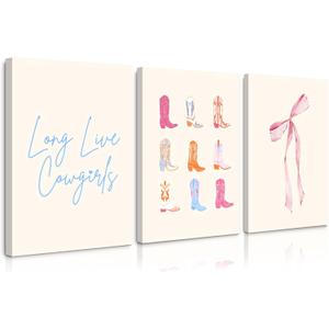 Cowgirl Wall Art Decor Pink Aesthetic Bows Canvas Wall Art Preppy Girly Poster Coquette Boots Wall Art Decor Trendy Bow Prints Pictures for College Apartment Bedroom 16x24 Inch Framed Set of 3