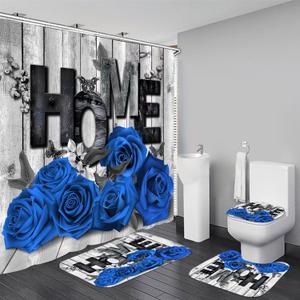 Blue Rose Valentines 4 Pcs Shower Curtain Sets Non-Slip Rugs Bath Mat Toilet Cover U Shaped Mat Romantic Blue Bathroom Decor with 12 Hooks Valentines Day Bathroom Set