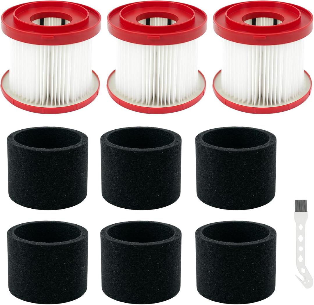 3 Pack 49-90-1900 Wet Dry Vacuum Filter Replacement Compatible with Milwaukee Shop Vac Filter, M18 Vacuum Filter, 0780-20 0880-20, with 6 Foam Sleeve Filters and 1 Cleaning Brush