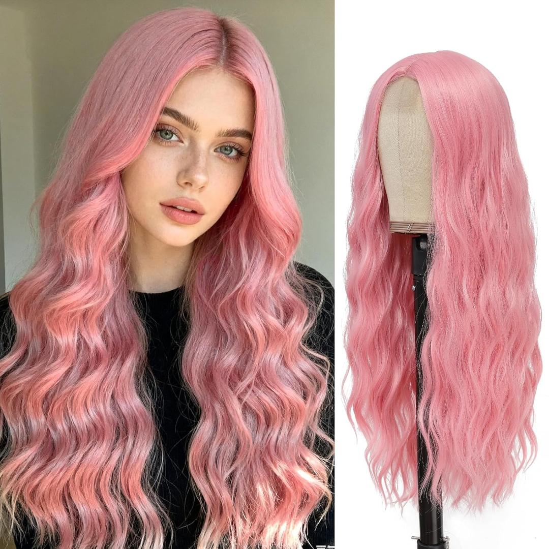 YBYMCAI Long Pink Wavy Wigs for Women Middle Part Pastel Pink Wig 26 inch Natural Curly Synthetic Wig Heat Resistant Fiber Wigs for Daily Party Use