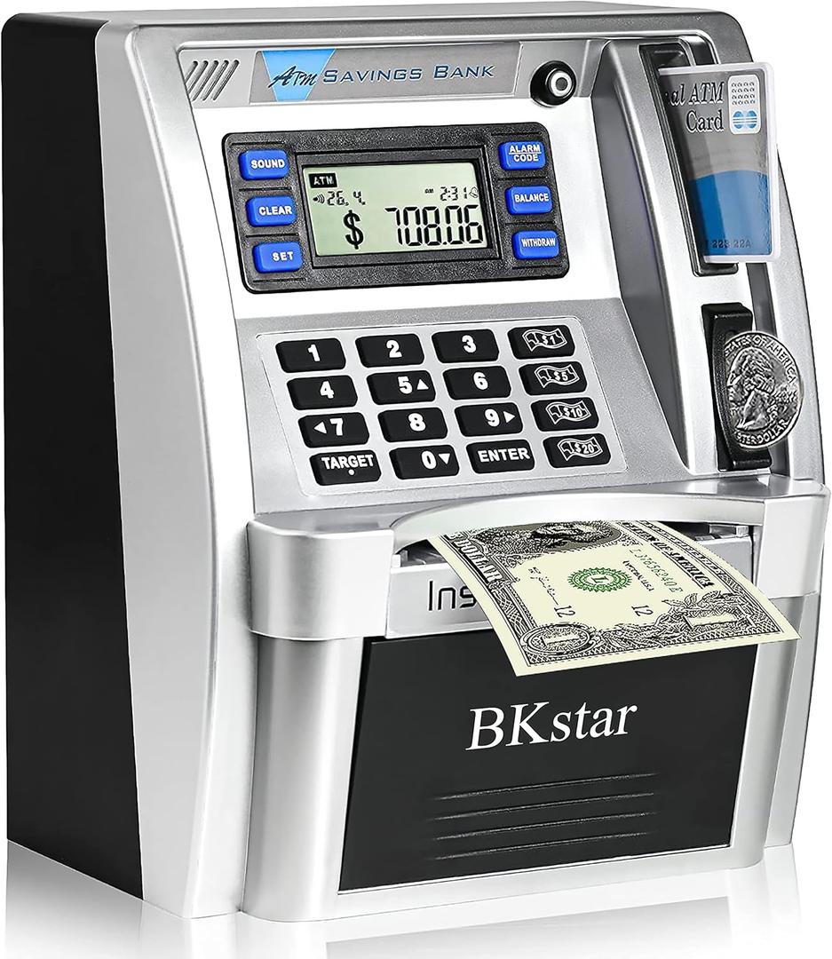 ATM Piggy Bank for Real Money for Kids/Boys with Power-Off Memory, Debit Card, Onekey Shutdown, Coin Recognition, Target Setting, Bill Feeder, Balance Calculator, Savings Machine Box (Standard Version, Black/Silver)