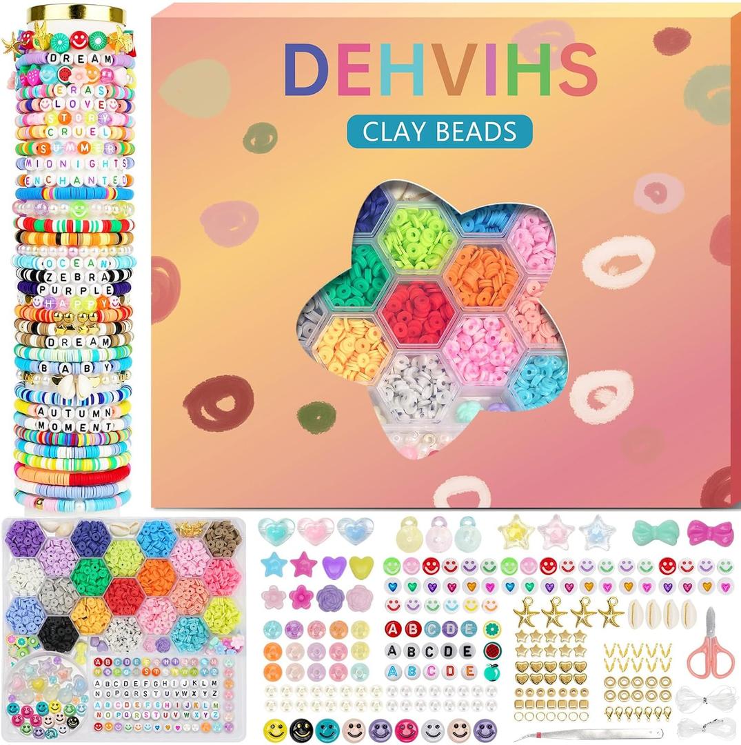 DEHVIHS Clay Beads Kit, 6000PCS Friendship Bracelet Making Kit, 21 Colors with 26 Types of Charms Preppy Polymer Heishi Beads with Letter Beads Jewelry Making Kit (Colorful)
