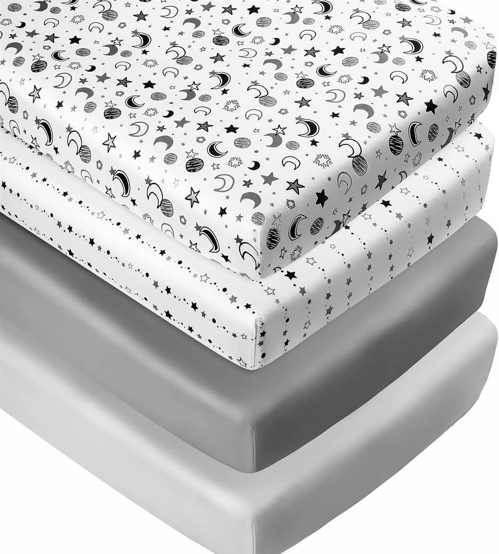 4 Pack Star and Moon Neutral Unisex Fitted Baby Crib Sheets Set for Baby Boys or Girls, 52"L x 28"W