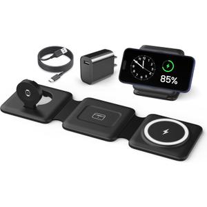 Magnetic Wireless Charger for iPhone: Fodable 3 in 1 Charging Station for Multiple Apple Devices - Travel Charging Pad Dock for Apple Watch iPhone 17 16 15 14 13 12 Pro Max Plus & Airpod (Dark black)