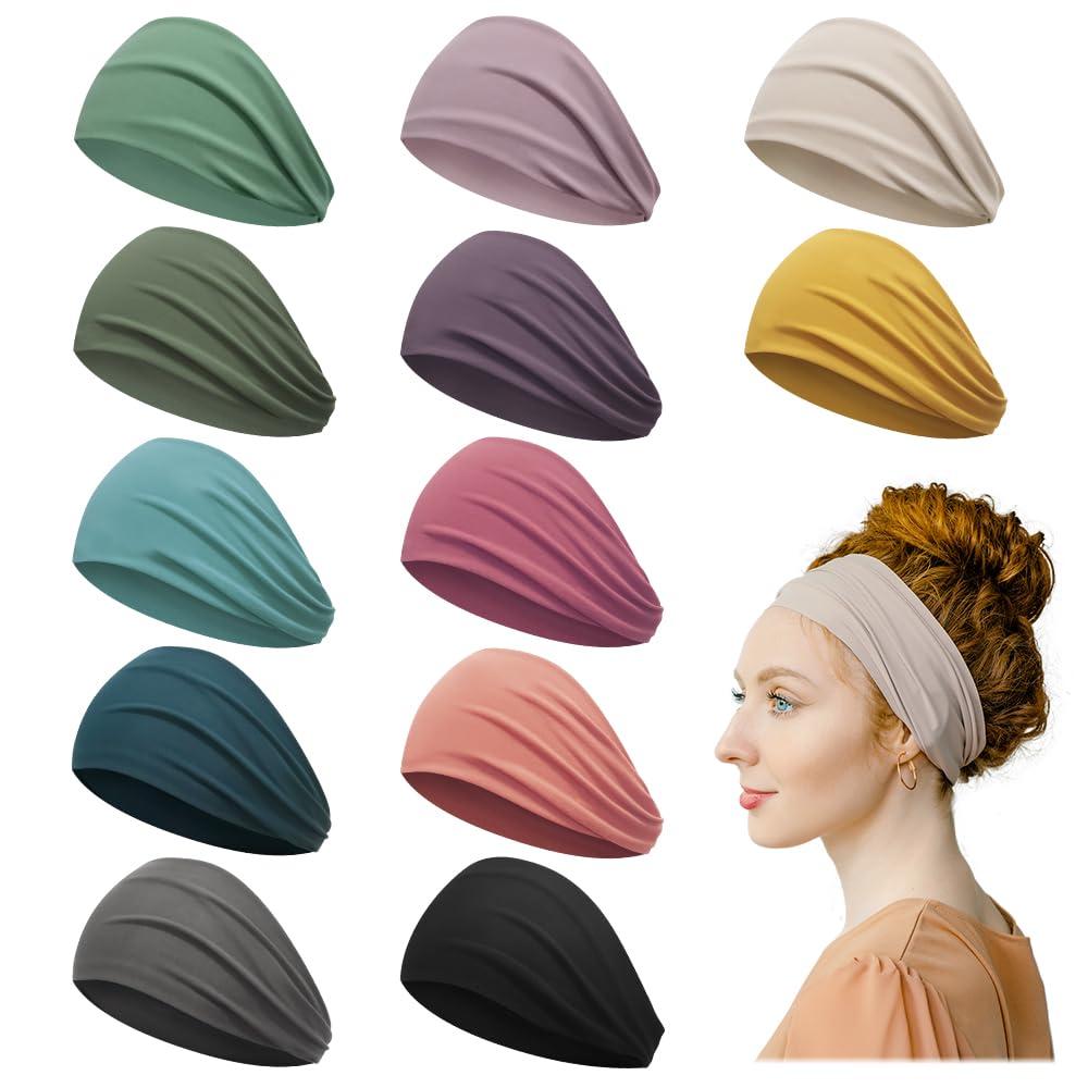 Non-slip Wide Headbands for Women, Head Bands for Women's Hair, Fabric Headbands for Nurse, Elastic Workout Hair Bands, 12 Pieces