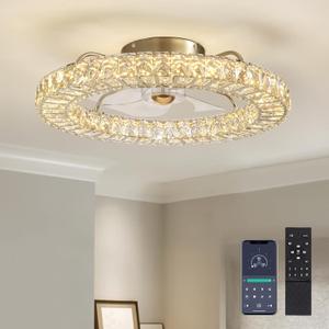 22" Low Profile Flush Mount Ceiling Fan, Ceiling Fan with Light and Remote, Dimmable Fandelier with Crystal Lampshade, Bladeless Enclosed Fan Light-Gold