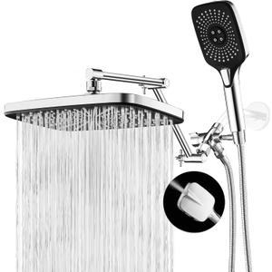 12 Inch Rain Shower Head with Handheld Spray Combo and Extention Arm, High Pressure Rainfall Waterfall Shower Heads, Dual Showerhead with 3-Way Diverter - Height/Angle Adjustable(Chrome)