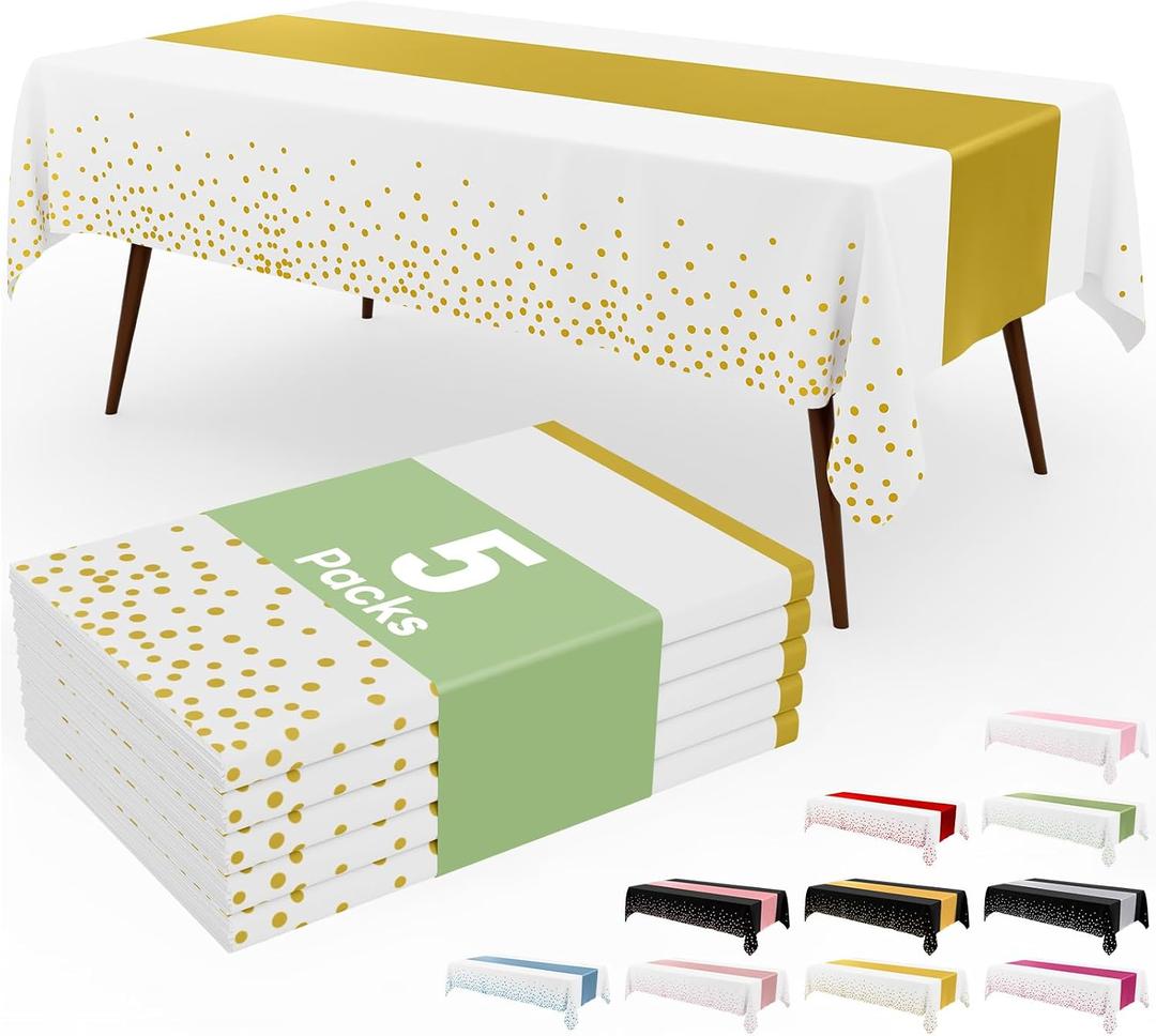 Smiry Plastic Table Cloth Disposable 5 Pack, 54 x 108 Inch Rectangle Waterproof Tablecloth, Printed Gold Table Runner Style for Birthday Weeding, Party Decorations, Leakproof & Sturdy, White and Gold