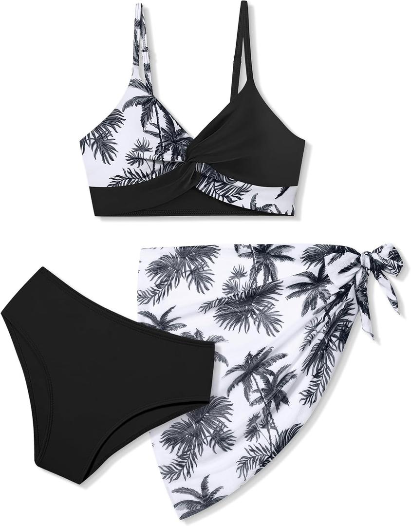 Girls Swimsuit, Bathing Suits 3 Piece Tropical Floral Twist Cross Bikini Sets Girls' Swimwear with Cover Up Skirt  (11-12 Years, Black Palm)