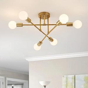 YXTH Semi Flush Mount Ceiling Light Fixture, 6 Lights Modern Sputnik Chandelier Ceiling Lamp with E26 Bulb Base, Light Fixtures Ceiling Mount for Bedroom Kitchen Living Room Hallway (Gold)