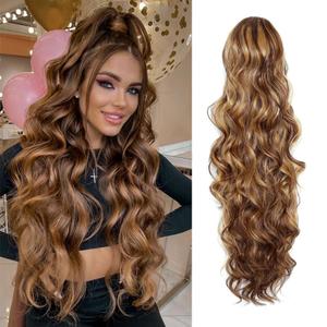 KETHBE Ponytail Extension,24 inch Drawstring Ponytail Hair Extensions, Long Body Wave Synthetic Pony Tails Hair Pieces for Daily Use (Brown Mix Golden)