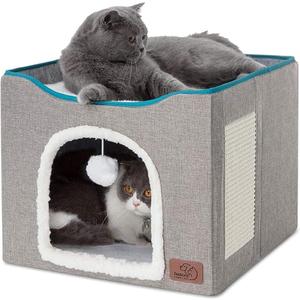 Bedsure Cat Beds for Indoor Cats - Large Cat Cave for Pet Cat House with Fluffy Ball Hanging and Scratch Pad, Foldable Cat Hideaway,16.5x16.5x13 inches, Grey (Single)