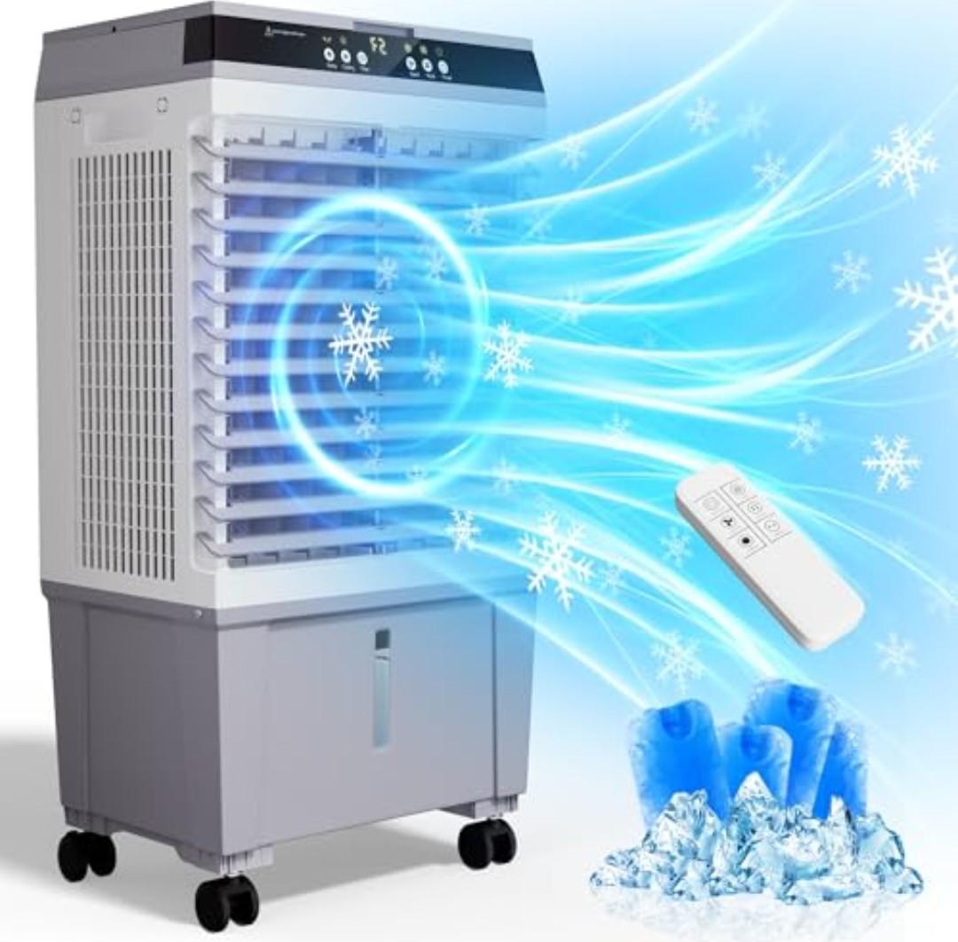 Uthfy Swamp Cooler Air Conditioner, Evaporative Air Cooler with 5.3 Gallon Water Tank, 4 Ice Box, Remote, 12H Timer, 120°Oscillation, Portable Cooling Fan with 3 Speeds for Bedroom Home Office