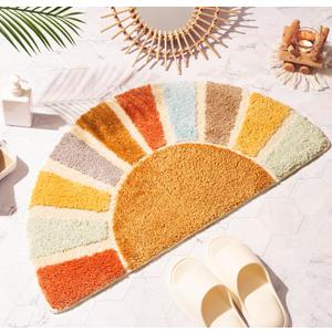 Sunrise Boho Bathroom Rugs,Half Circle Bath Mat Cute,Sun Bath Mats,Retro Bohemian Home Bathroom Decor,Small Colorful Fun Semi Round Shower Rug Non-Slip,Funny Washable Rug Bedroom 31"x16"