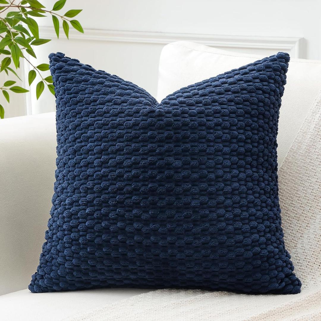OTOSTAR Pom Poms Decorative Corduroy Throw Pillow Covers 20x20 Inch Super Soft Boho Striped Square Cushion Covers Case Geometric for Sofa Couch Bedroom Car Decor Set of 1, Navy Blue