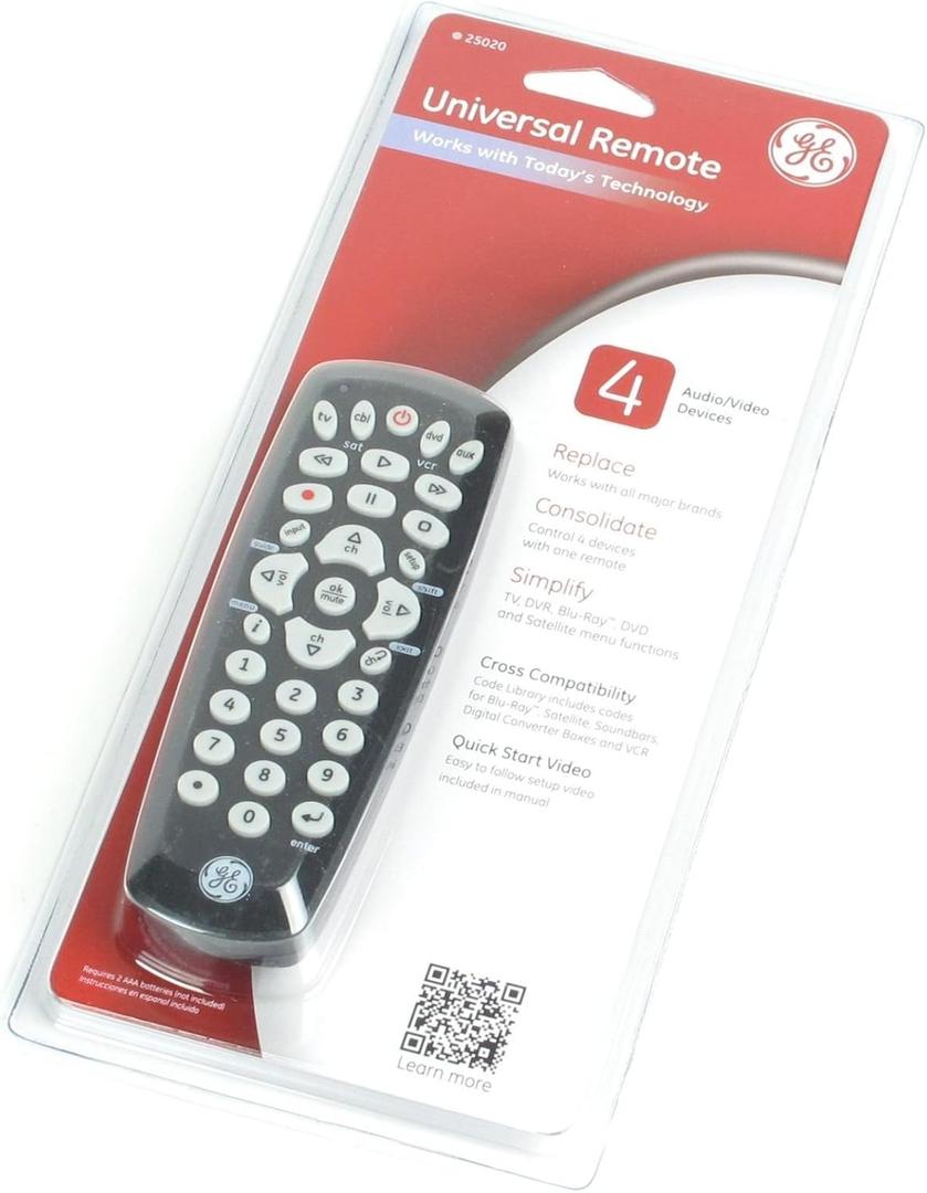 GE Universal Remote Control for Samsung, Vizio, LG, Sony, Sharp, Roku, Apple TV, TCL, Panasonic, Smart TVs, Streaming Players, Blu-ray, DVD, 4-Device, Silver, 33709