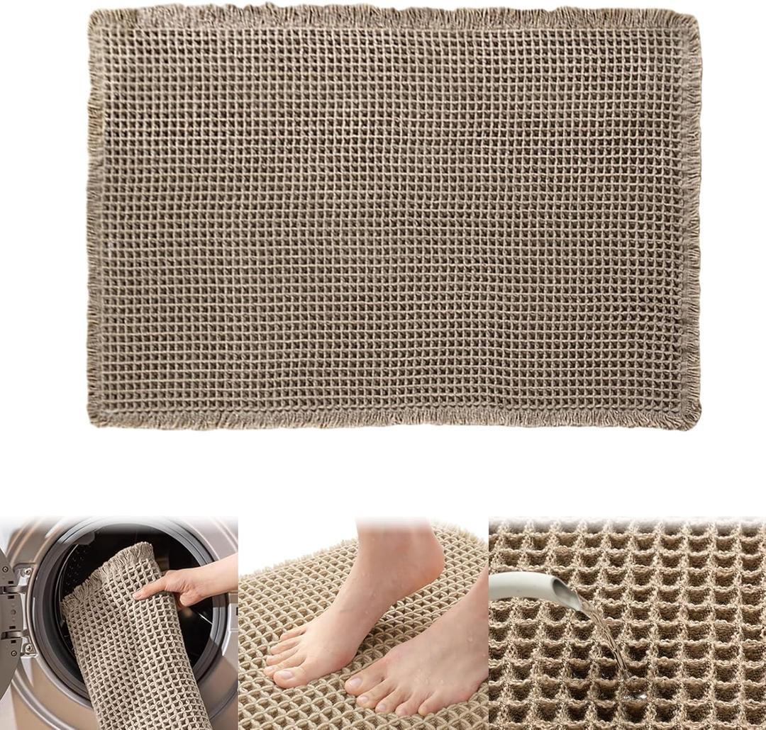 Waffle Knit Textured Bath Mat Non Slip, Super Absorbent Waffle Knit Bathroom Rug, Upgraded Dry Fast Waffle Runner Rug Bathroom, Machine Washable Waffle Weave Bath Mat (Brown,20 * 32in)
