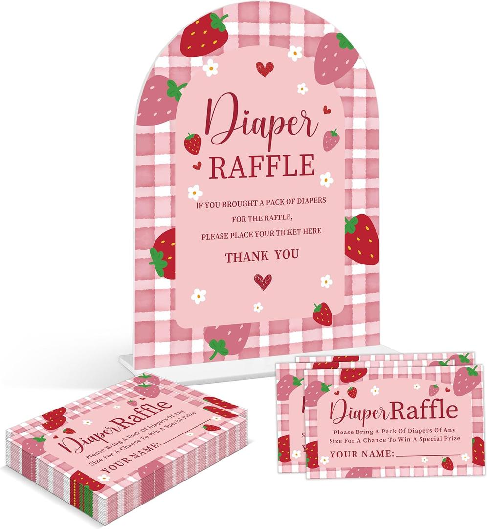 Baby Shower Games - Strawberry Diaper Raffle, 1 Arch Acrylic Sign and 50 Diaper Raffle Tickets, Gender Reveal Game, Berry Baby Shower Decoration Supplies (NS04)