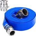 2" ID x 100 ft PVC Lay Flat Discharge Hose with Aluminum Camlock C and E Fittings, Cam Lock Fitting Type F included, Heavy Duty Reinforced Blue Backwash Pump Hoses for Swimming Drain Pools