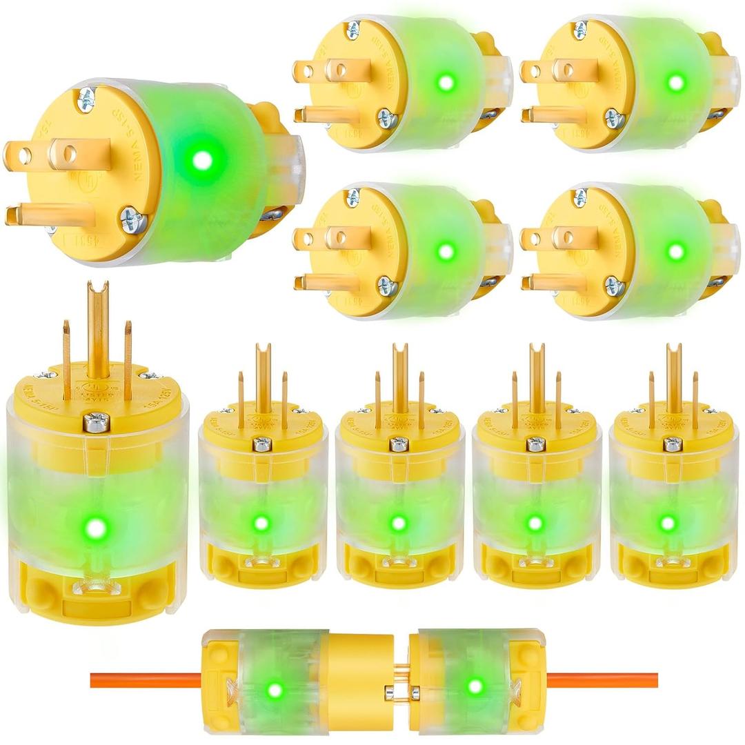 Flutesan 10 Pcs Lighted Grounding Straight Blade Electrical Plugs Connectors 15a 125v Nema 5-15p Nema 5-15r 2 Pole 3 Wire Grounding Extension Cord Replacement(Plug)