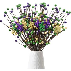Mardi Gras Table Decor, 20 Pack Glitter Berry Stems Mardi Gras Decorations for Tree, Artificial Flowers Mardi Gras Picks for Wreath, Mardi Gras Tree Ornaments, Mardi Gras Gifts