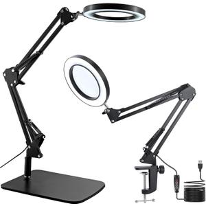 15X Magnifying Glass with Light, Table Lamp with Stand and Clamp, 2-in-1 LED Desk Lamp with Magnifier, 3 Color Modes, 72 LEDs, Real Glass Lens for Close Work, Craft, Hobby, Painting, Reading, Repair