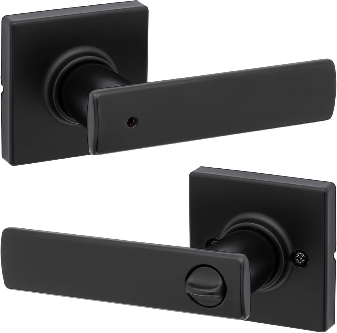 Kwikset Breton Interior Privacy Door Handle with Lock, Door Lever For Bathroom and Bedroom, Matte Black Reversible Keyless Turn Lock, with Microban Protection