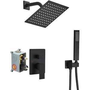 Matte Black Shower System Bathroom Rainfall Shower Faucet Set Complete Wall Mounted 8 Inch Shower Head and Handle Set with Rough-in Valve Body and Trim Kit