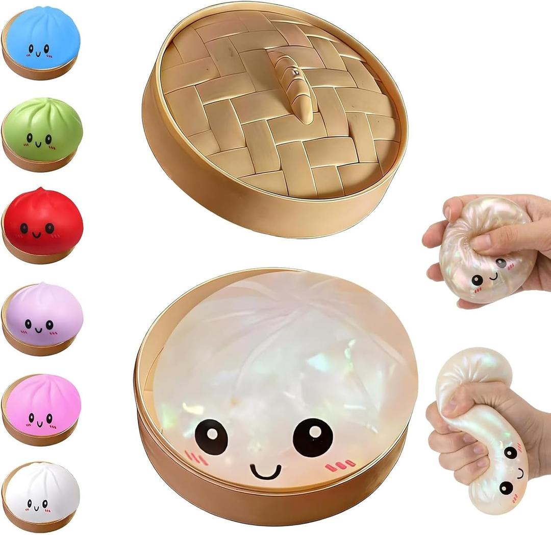 Dumpling Squishies Toy, Giant Glitter Dumpling, Colorful Steamed Bun Stress Balls Fidget Sensory Toy,Squeeze Dough Ball Stress Relief Hand Toys with Food Steamer Stretchy Desk Toys (Transparent)
