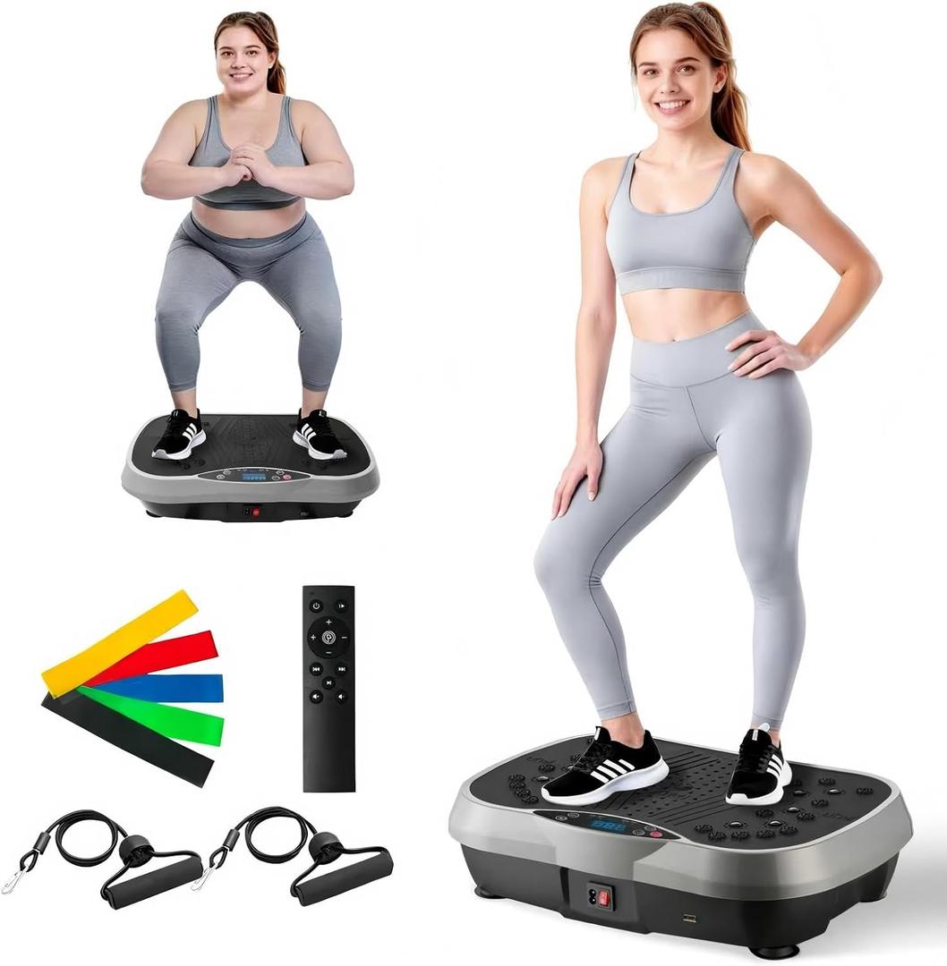 ALSO GO Vibration Plate Exercise Machine, 10 Preset Modes & 200-Level Vibration Platform for Weight Loss/Lymphatic Drainage, Vibration Board with Resistance Bands for Full Body Workout