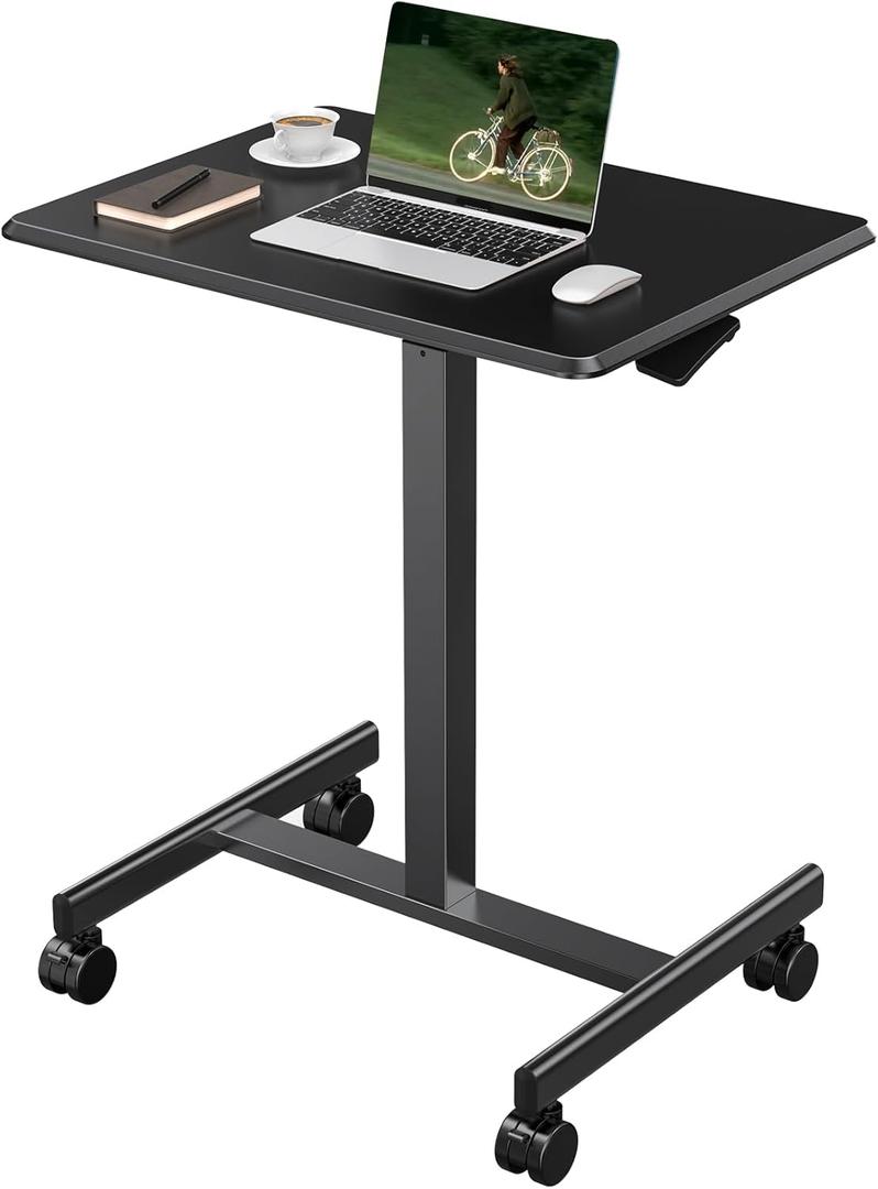 OLIXIS Mobile Standing Desk with Wheels Small Rolling Laptop Desks Portable Pneumatic Adjustable Height Sit Stand Table Computer Workstation for Home Office Black