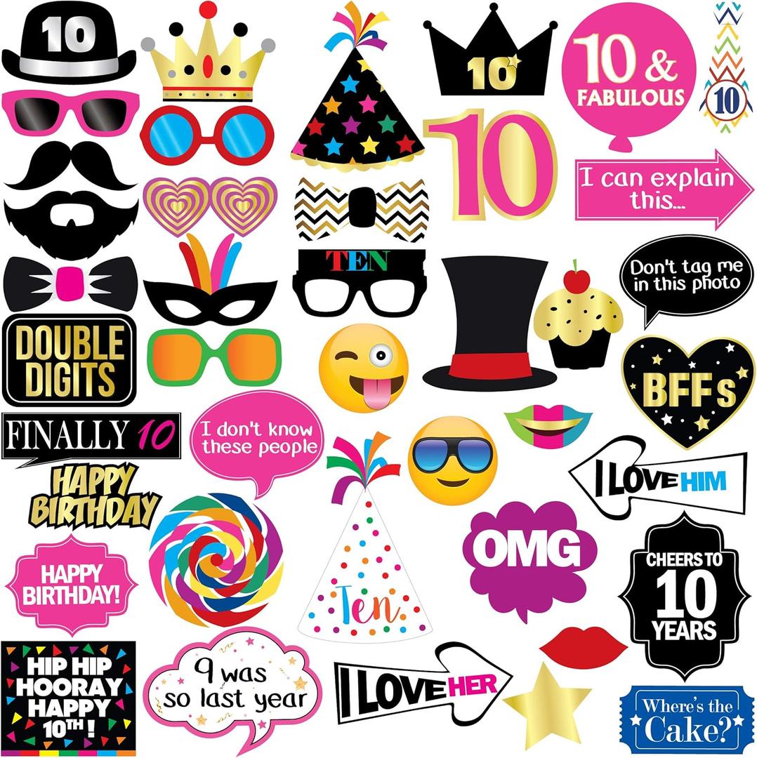 10th Birthday Photo Booth Props - 40 Pieces - Funny Birthday Party Supplies for Him or Her - Photo Booth Decorations, Favors and Gifts