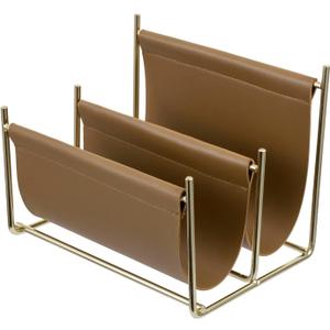 MyGift 2 Slot Modern Mail Holder, Deluxe Brass Tone Metal and Toffee Brown Leatherette Sling Entryway or Desktop Tabletop Letter Sorter