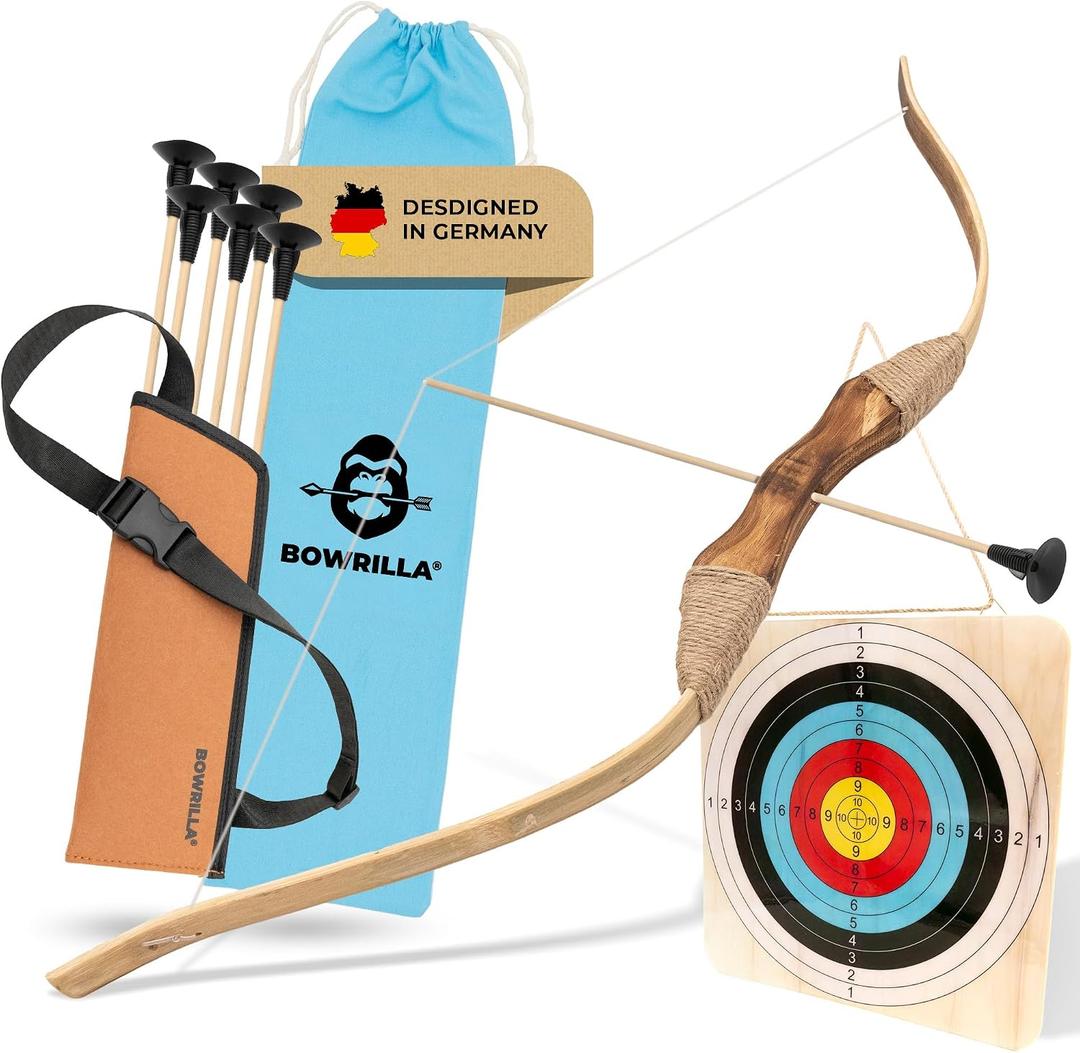 BOWRILLA Kids Bow and Arrow Set - Bow and Arrow for Kids Ages 4-8, Toy Archery Set with 6 Suction Cup Arrows, Wooden Target & Quiver