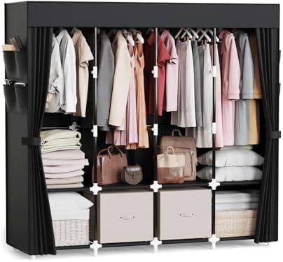 Mavivegue Clothes Organizer with 4 Hanging Rods, Portable Closet Wardrobe, Non-Woven Fabric Cover, Large Capacity Storage for Bedroom and Living Room,Black, 67" W x 17" D x 67" H