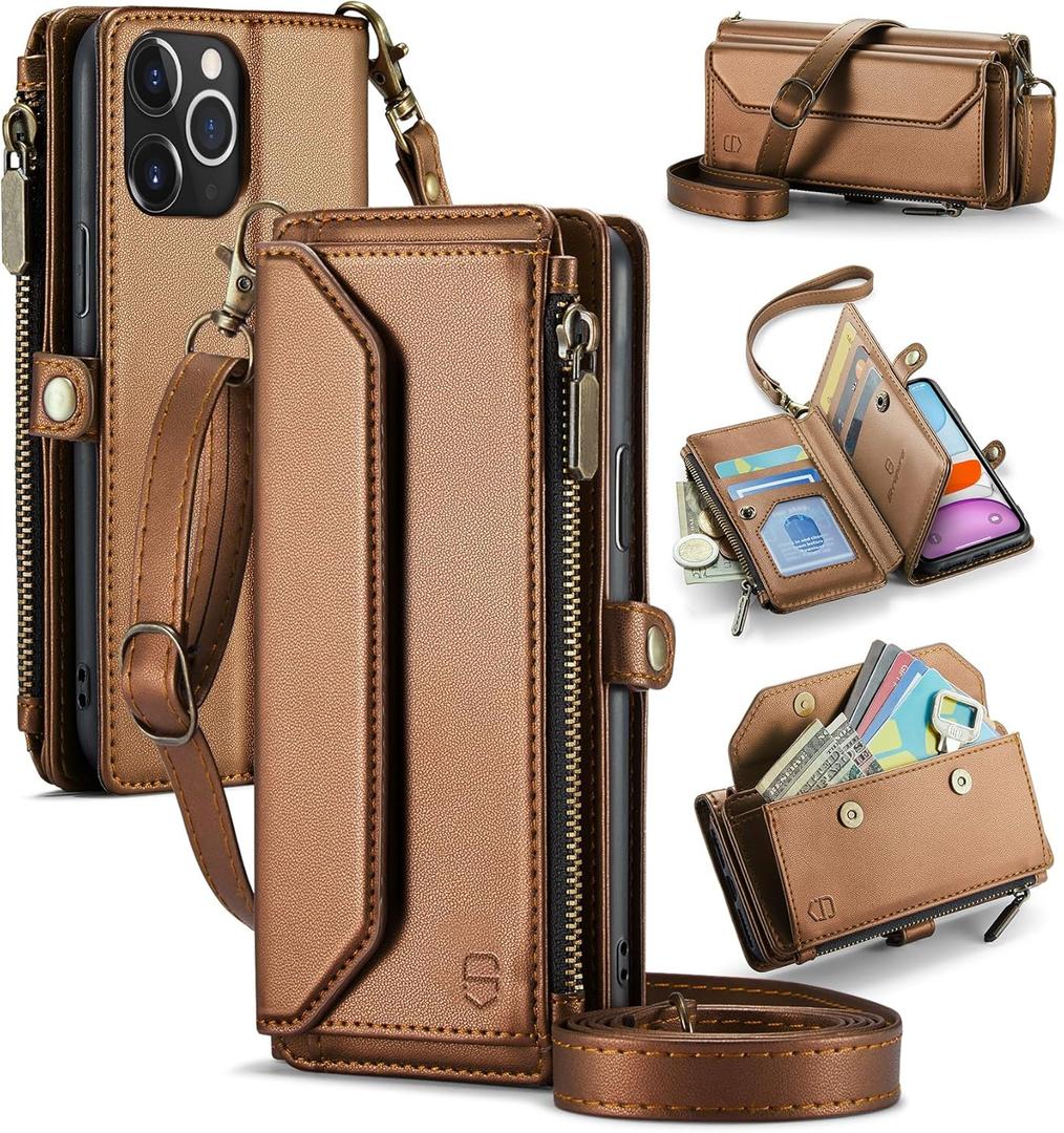Wallet Case Compatible with iPhone 11 RFID Blocking 7-Card Holder Soft PU Leather Magnetic Snap Shoulder Strap Zipper Pocket Phone Case Fit for iPhone 11 for Women 6.1" - Brown