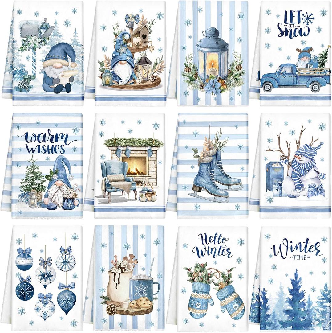 VitalCozy 12 Pcs Blue Christmas Kitchen Towels Hello Winter Dishcloths Snowman Gnomes Snowflake Tea Christmas Hand Dish Towels Let Snow Decoration for Baking Holiday Bathroom Xmas Home Gift Supplies