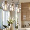 CASAMOTION Modern Pendant Lights Kitchen Island Large Gold Hanging Light Fixtures for Dining Table Blown Art Glass Clear Organic Globe Bedroom Foyer Entryway Hallway Lamp 12" Inch 1 Pack
