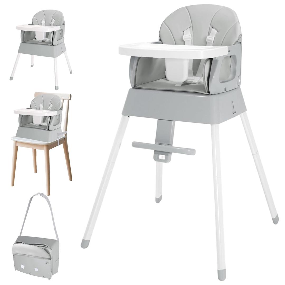BOSEDSANG 4-in-1 Baby High Chair, Convertible Highchair for Babies and Toddlers, Portable High Chair with Foldable Design, Booster Seat for Kitchen, Dining & Outdoor Use, Easy to Clean & Storage (Grey)
