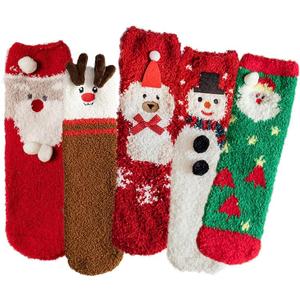 Christmas Socks Women Kids, 5 Pairs Fuzzy Xmas Slipper Socks for Girls Boys Unisex Cozy Fluffy Socks with Santa Claus Pattern New Year Winter Vacation Indoor Wearing Stocking Stuffers