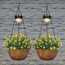 BAYN 2 Packs Solar Hanging Basket Planters for Plants Outdoor, Self Watering Bronze Flower Plants Pots with Solar Light Drainer for Balcony Patio Garden Outdoor Decoration