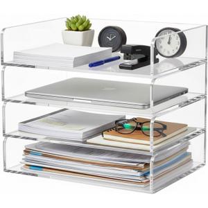 Harloon 4 Tier Paper Organizer Letter Tray Acrylic Desk File Organizer Heavy Duty Stackable Documents Clear Letter Paper Holder Sorter Office Tray for A4, Office Classroom Home File Pad Notebooks (12.4 x 8.7 x 2.7 Inches, Transparent)