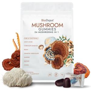 Super Mega Mushroom Gummies 24 in 1 Daily Mushroom Supplement Support for Memory, Focus & Energy, Host Immune Defense with Lions Mane, Reishi, Chaga, Turkey Tail, Citrus Flavor, 120 Gummie