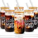 Gerrii 6 Sets Bridesmaid Gifts Beer Glass Can with Bamboo Lids and Glass Straw Iced Coffee Cup Mason Jar Cups Maid of Honor Gift for Engagement Wedding Bridal Shower Bachelorette Party (16 oz)