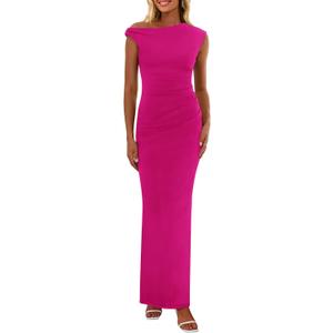 PRETTYGARDEN Women's 2026 Summer Formal Maxi Dresses Sleeveless One Shoulder Bodycon Ruched Mesh Wedding Guest Cocktail Dress (Pink, XL)