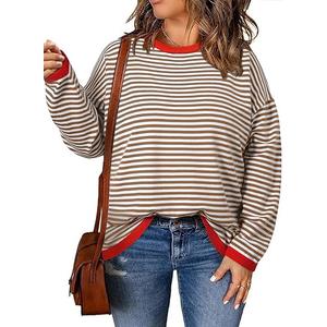 Eytino Plus Size Sweaters for Women Casual Striped Color Block Long Sleeve Round Neck Pullover Jumpers Tops 4X