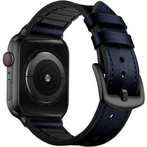 OUHENG Leather Bands Compatible with Apple Watch Band 42mm 41mm 40mm 38mm, Genuine Leather Rubber Hybrid Strap for iWatch Series 11 10 9 8 7 6 5 4 3 2 1 SE3 SE2 SE, Dark Blue/Black