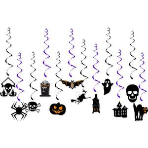 Halloween Bats Witch Party-Decorations Streamers - 12pcs Spooky Creepy Ghosts Skulls Skeleton Pumpkin Cats Spiders Hanging Swirls Banner,Window Fireplace Classroom Ceiling Garland Decor Panduola