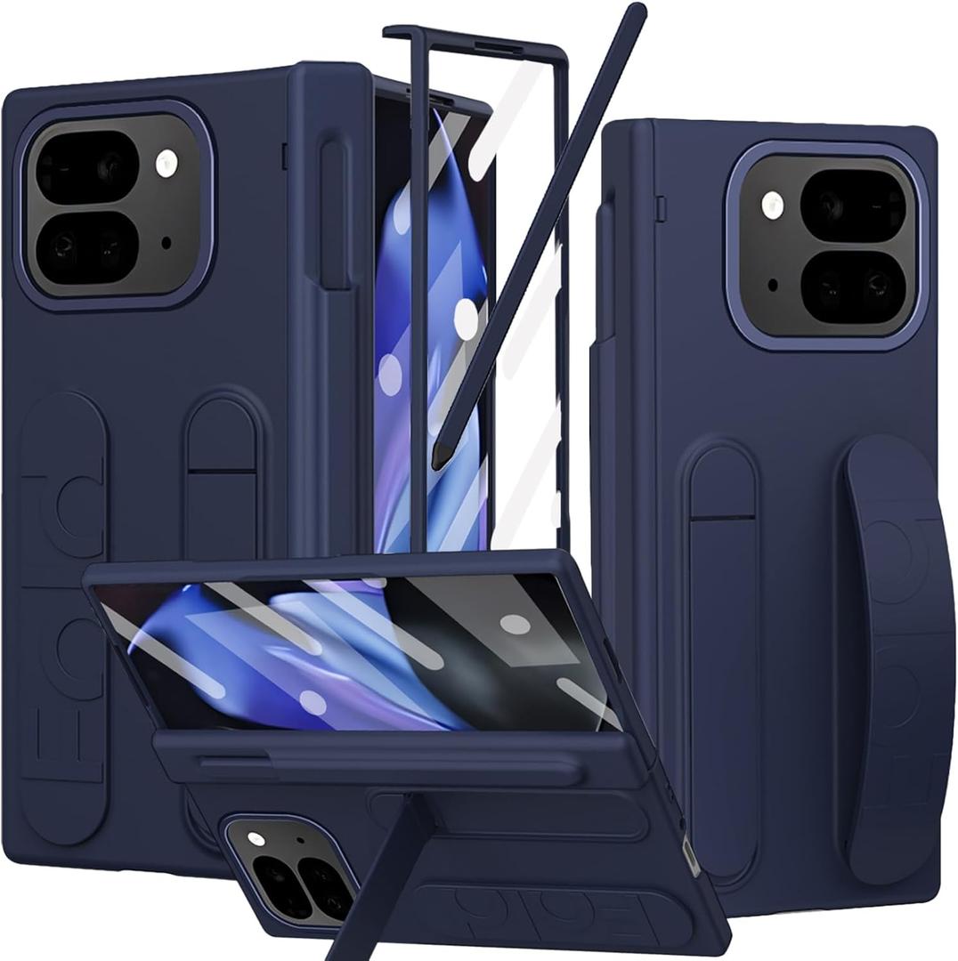 for Google Pixel 10 Pro Fold Case with S Pen Holder & Stylus, Hand Strap Phone Case with Kickstand, Hinge Protection, Screen Protector, Wrist Strap Cover for Google Pixel 10 Pro Fold Blue